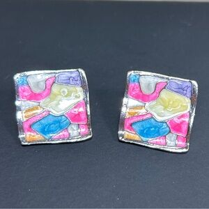 Silver Colorful Enameled Post Earrings